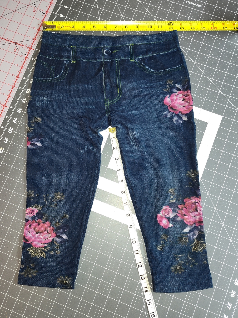 Always Dark Blue Denim Look Capri Leggings with Pink Floral Print Sm